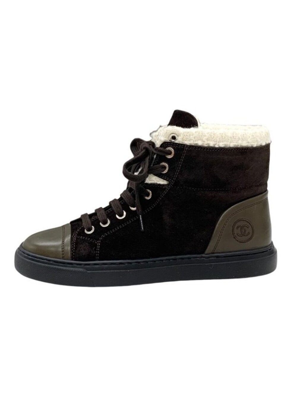 Chanel Sneakers Shoes Suede Leather Brown White High Cut Coco Mark - Picture 3 of 9